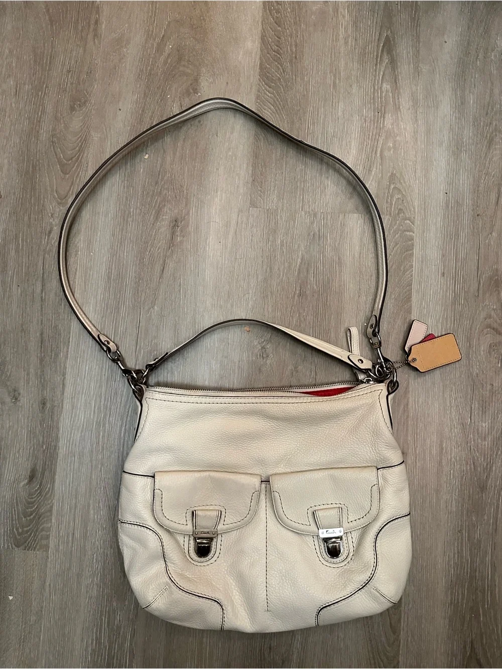 Coach White Leather Hobo Poppy Avery with Dual Front Buckle Pockets